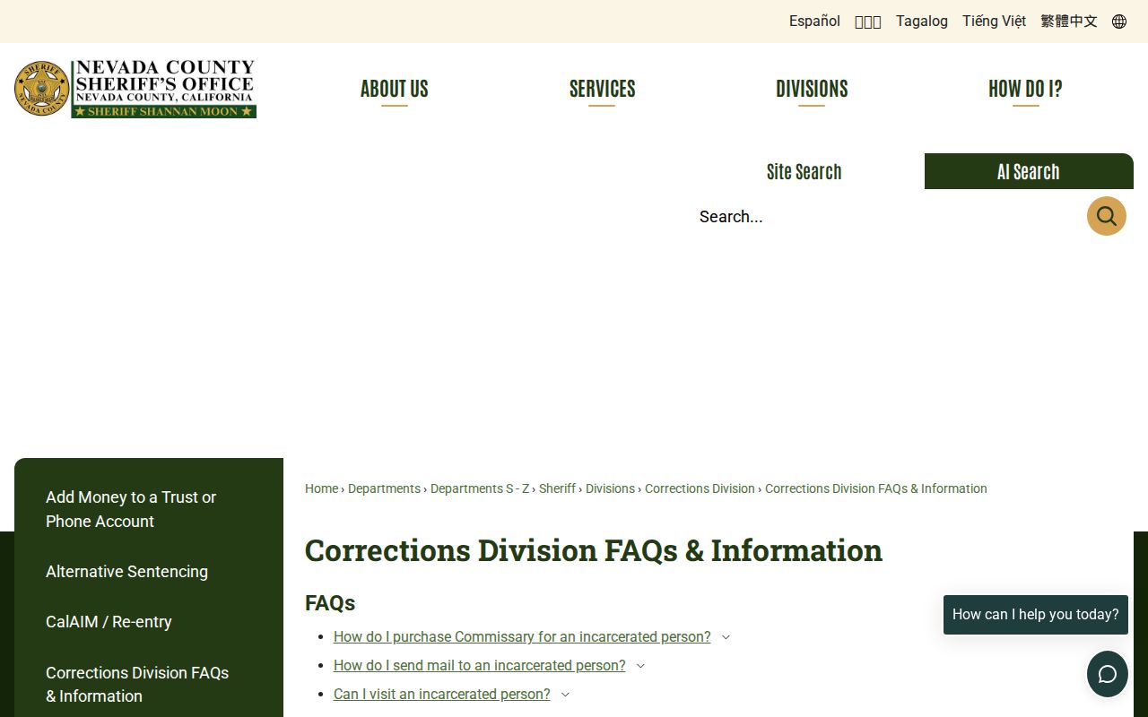 Nevada County Corrections Division frequently asked questions page