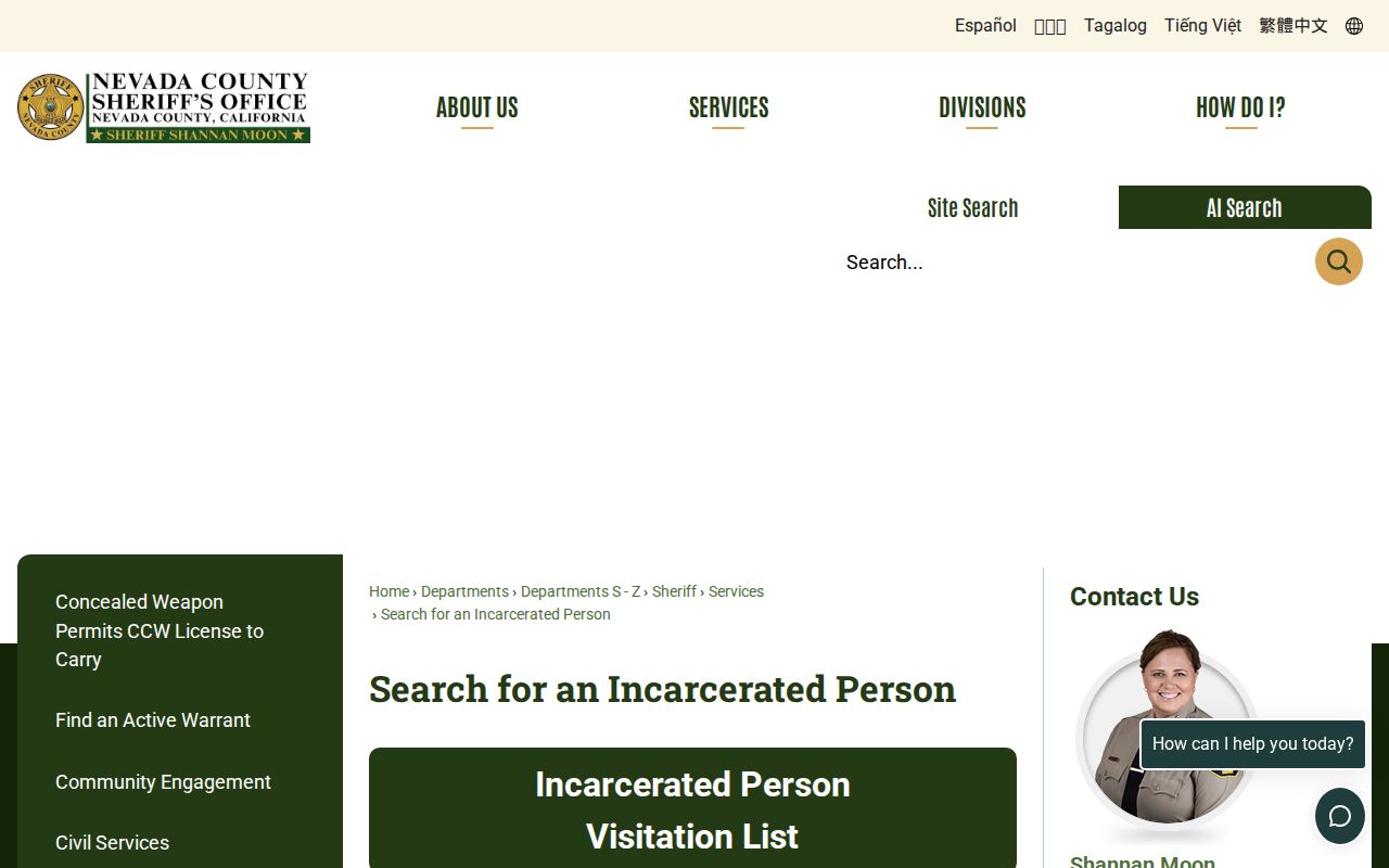 Nevada County page for searching for an incarcerated person