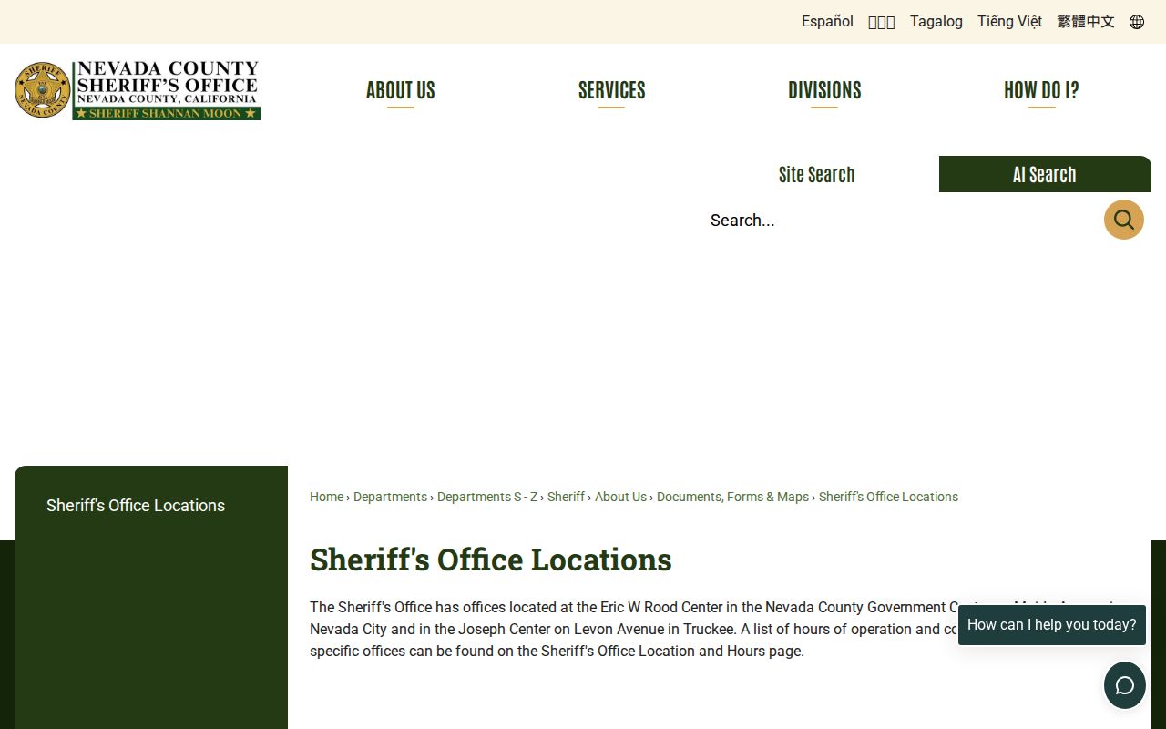 Nevada County Sheriff's Office locations page