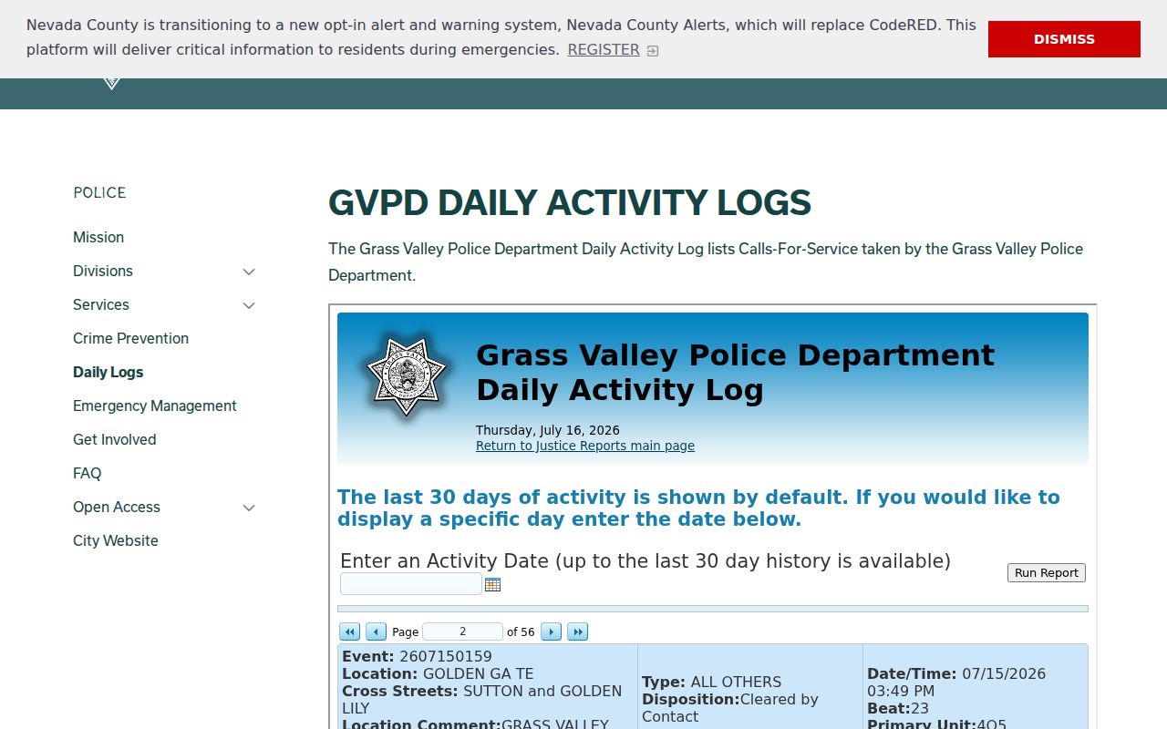 Nevada County Grass Valley criminal history police daily logs
