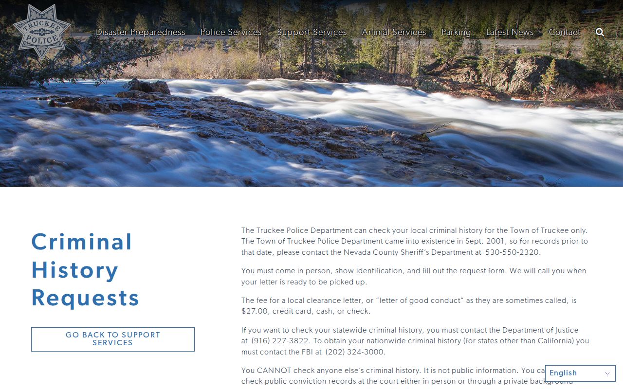 Nevada County Truckee criminal history clearance letter request