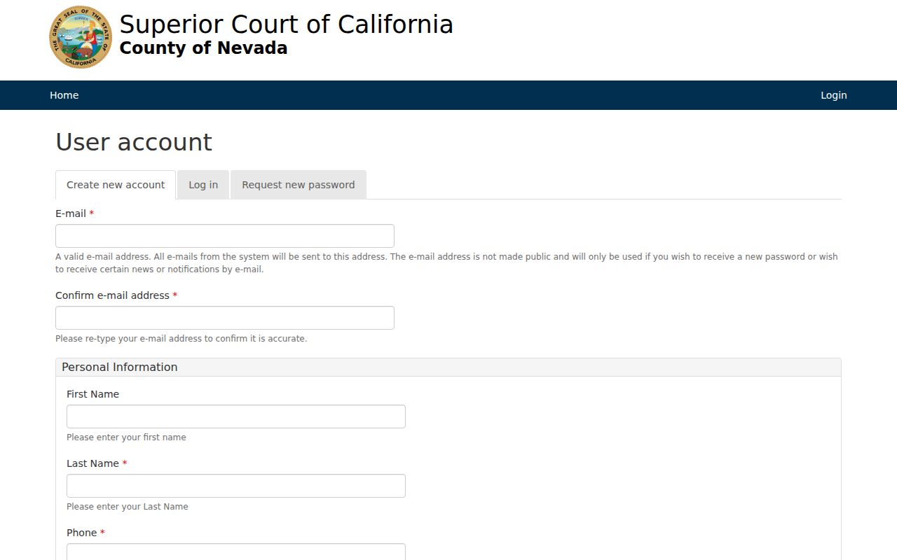 Nevada County criminal court case portal registration