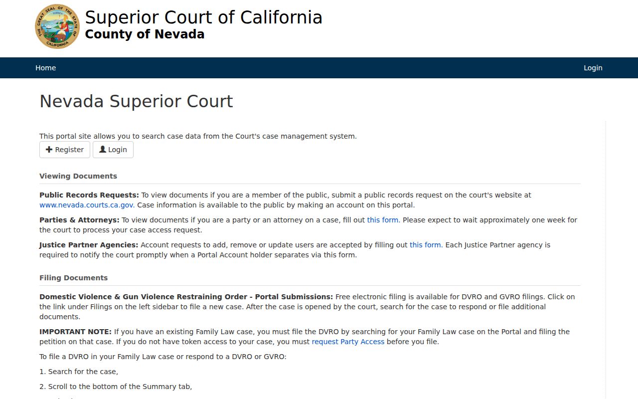Nevada County criminal court case portal home