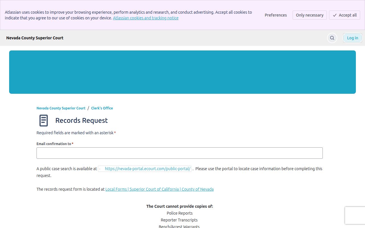 Nevada County criminal court case Jira records request