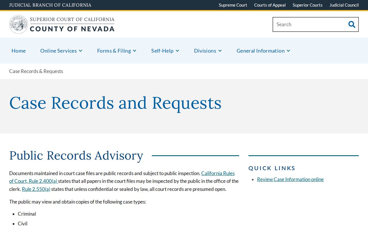 Nevada County criminal court case records request page