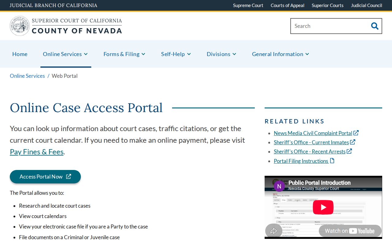 Nevada County criminal court case online access page