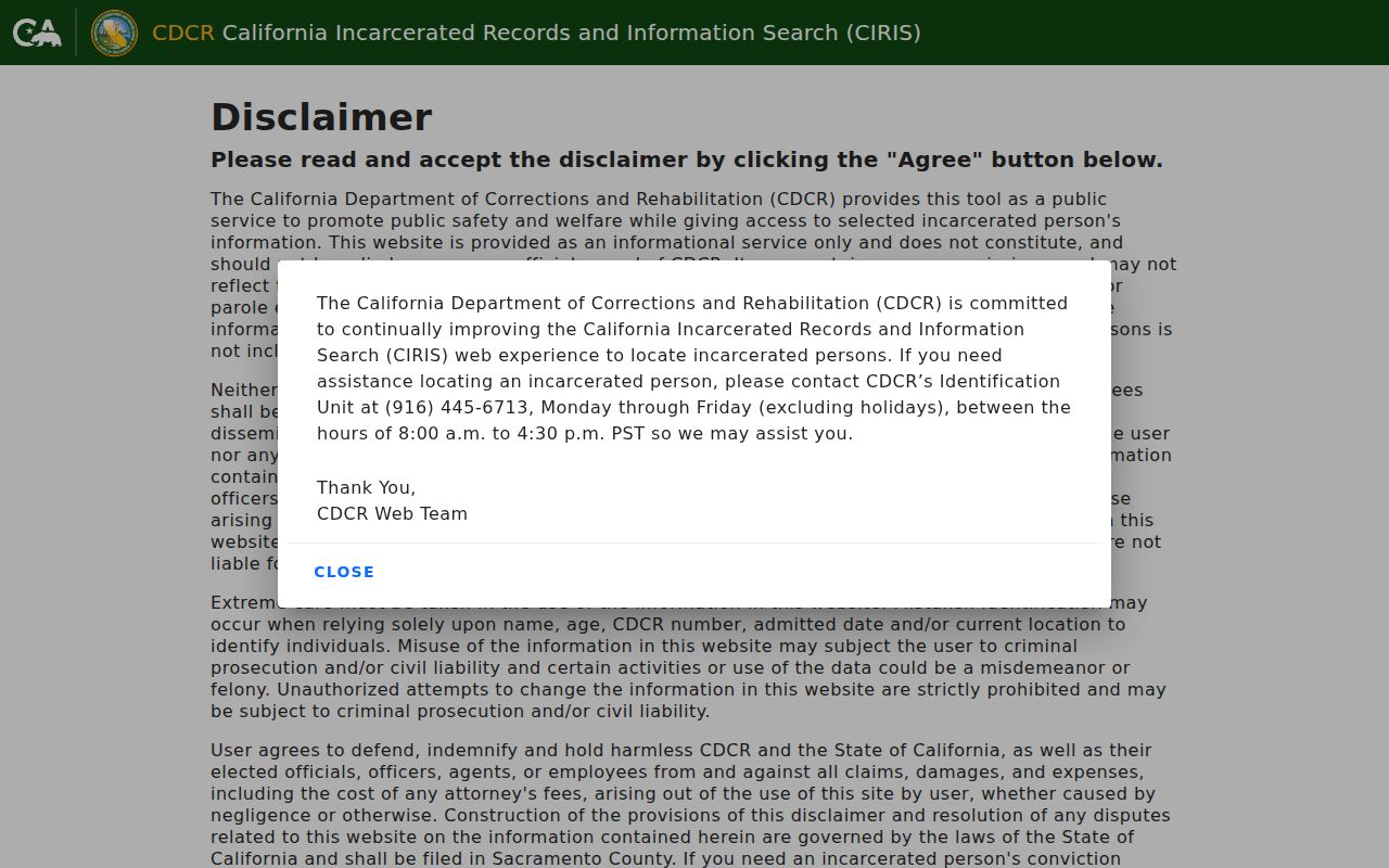 Nevada County criminal history CDCR CIRIS custody search