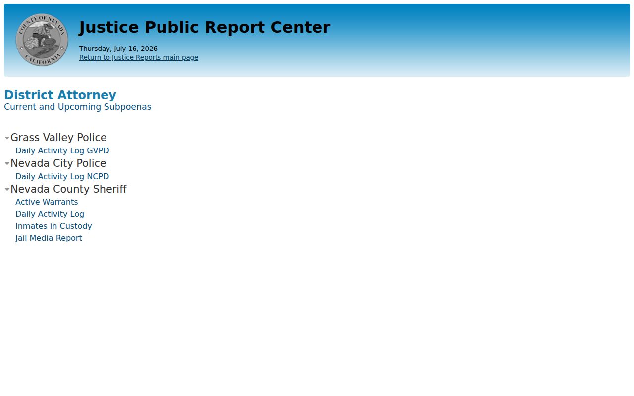 Nevada County criminal history Justice Public Report Center