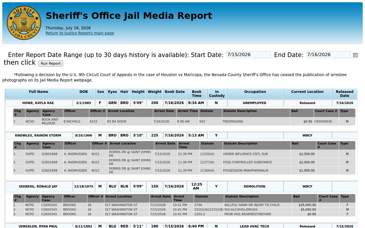 Nevada County criminal history Sheriff Jail Media Report