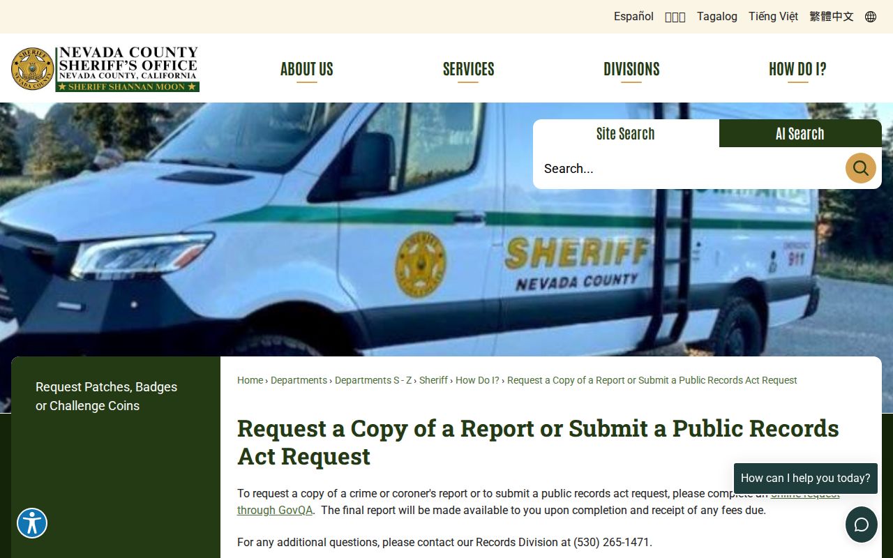 Nevada County criminal history sheriff records request