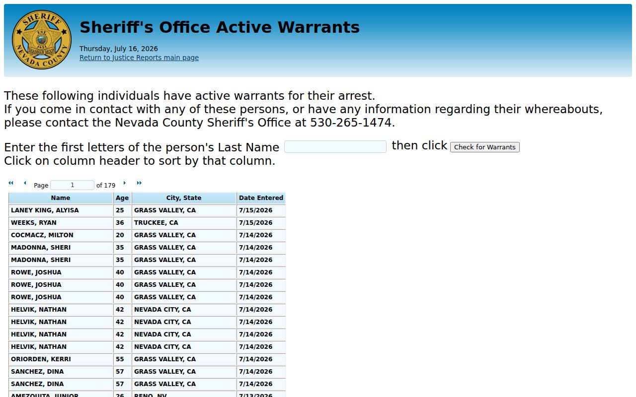 Nevada County criminal records active warrant search
