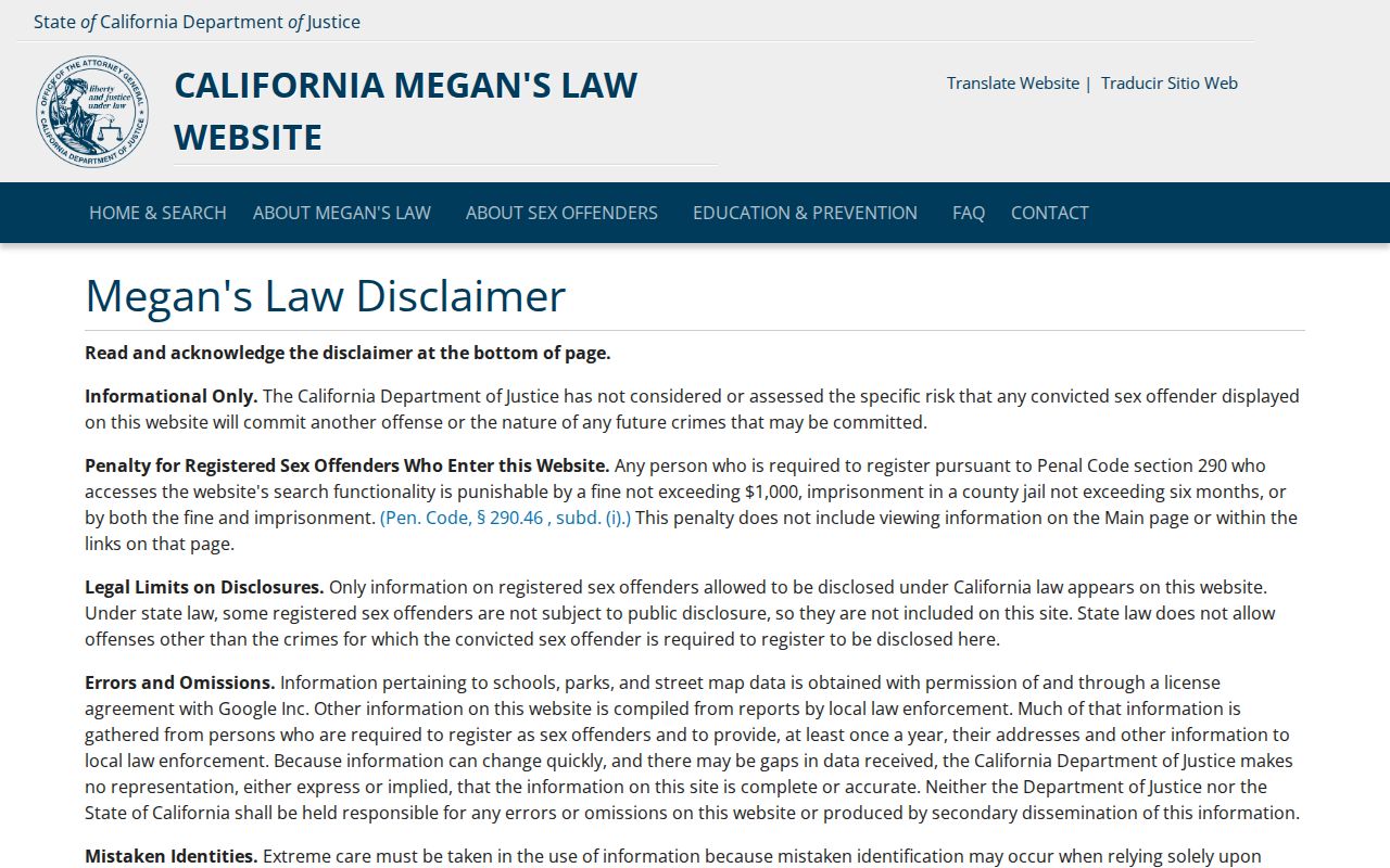 Nevada County sex offender check on California Megan's Law Website